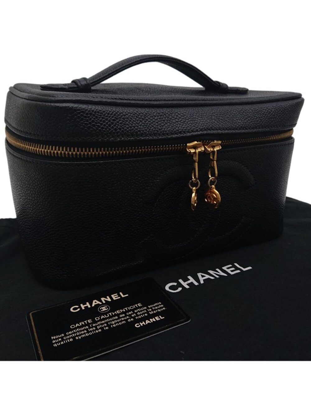 Chanel Caviar Leather Vanity Bag CC Logo Black Bag with Card